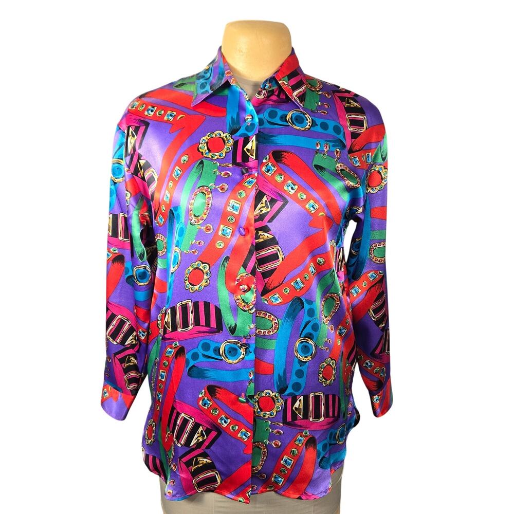 Vintage Yves‎ St Clair 90s Blouse Size 6 Abstract Chain Print Colorful Bold Chic